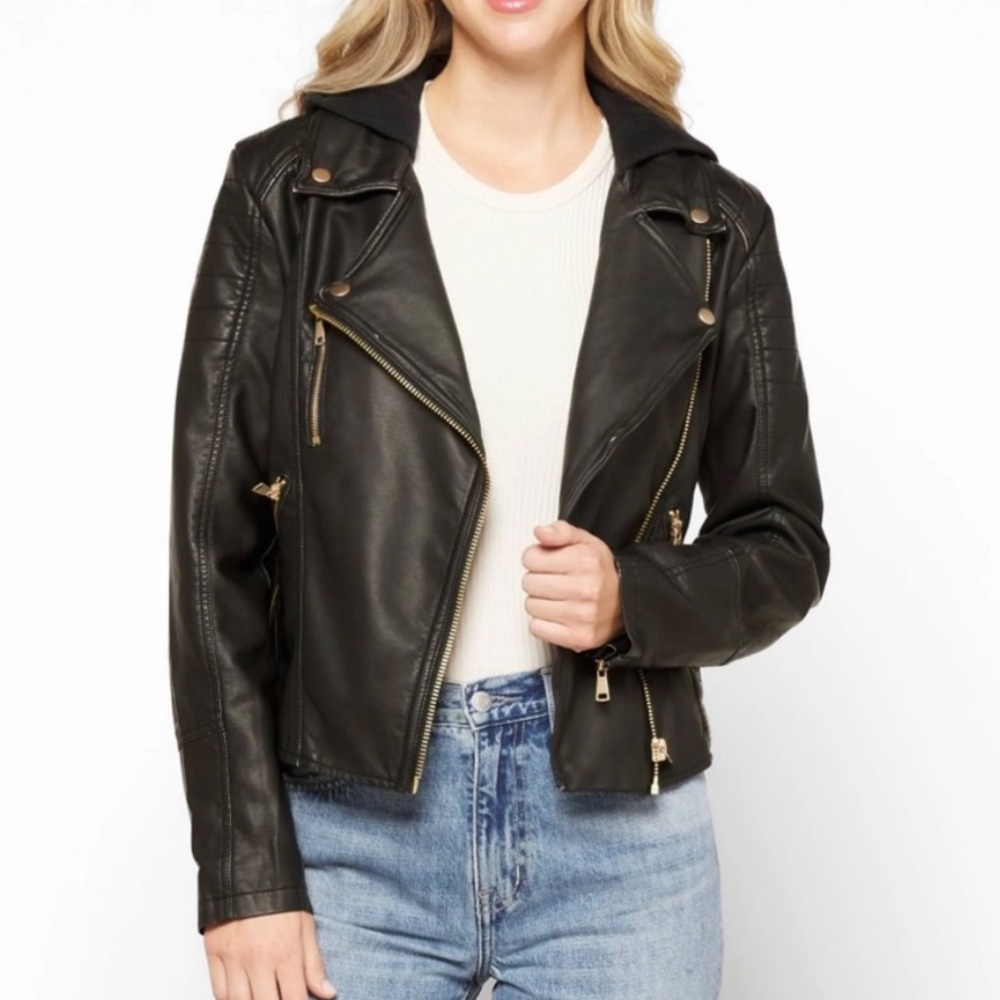 Free People black Vegan Leather Hooded Moto Jacket
